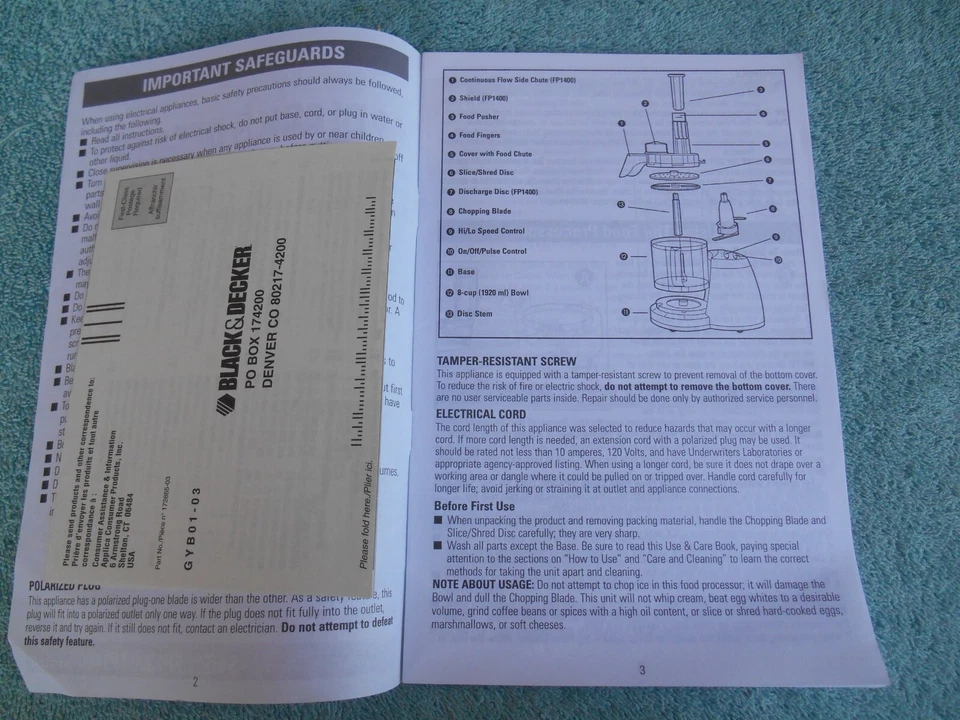 LIBRO DE USO Y CUIDADO DE LOS PROCESADORES DE ALIMENTOS QUICK N EASY BLACK & DECKER VINTAGE 1999 PF1400. Foto 4 de 4
