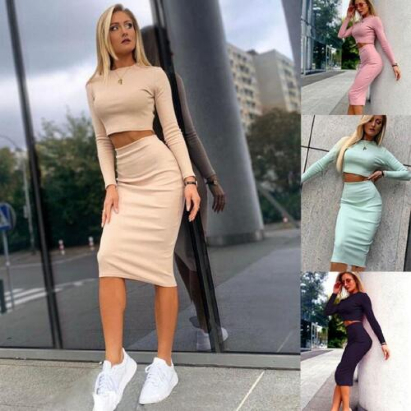 2Piece Set Womens Short Long Sleeves Crop Top Midi Bodycon Skirt Outfit Dress