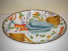 Clay Art StoneLite "Garden Tools" Hand Painted Chip & Dip Serving Platter Dish
