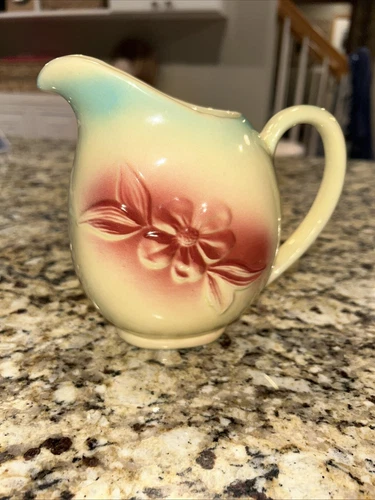 Vintage U.S.A Pottery #40 Yellow Pitcher Hull 1940’s Pink Blue Ceramic Euc 7”x 6