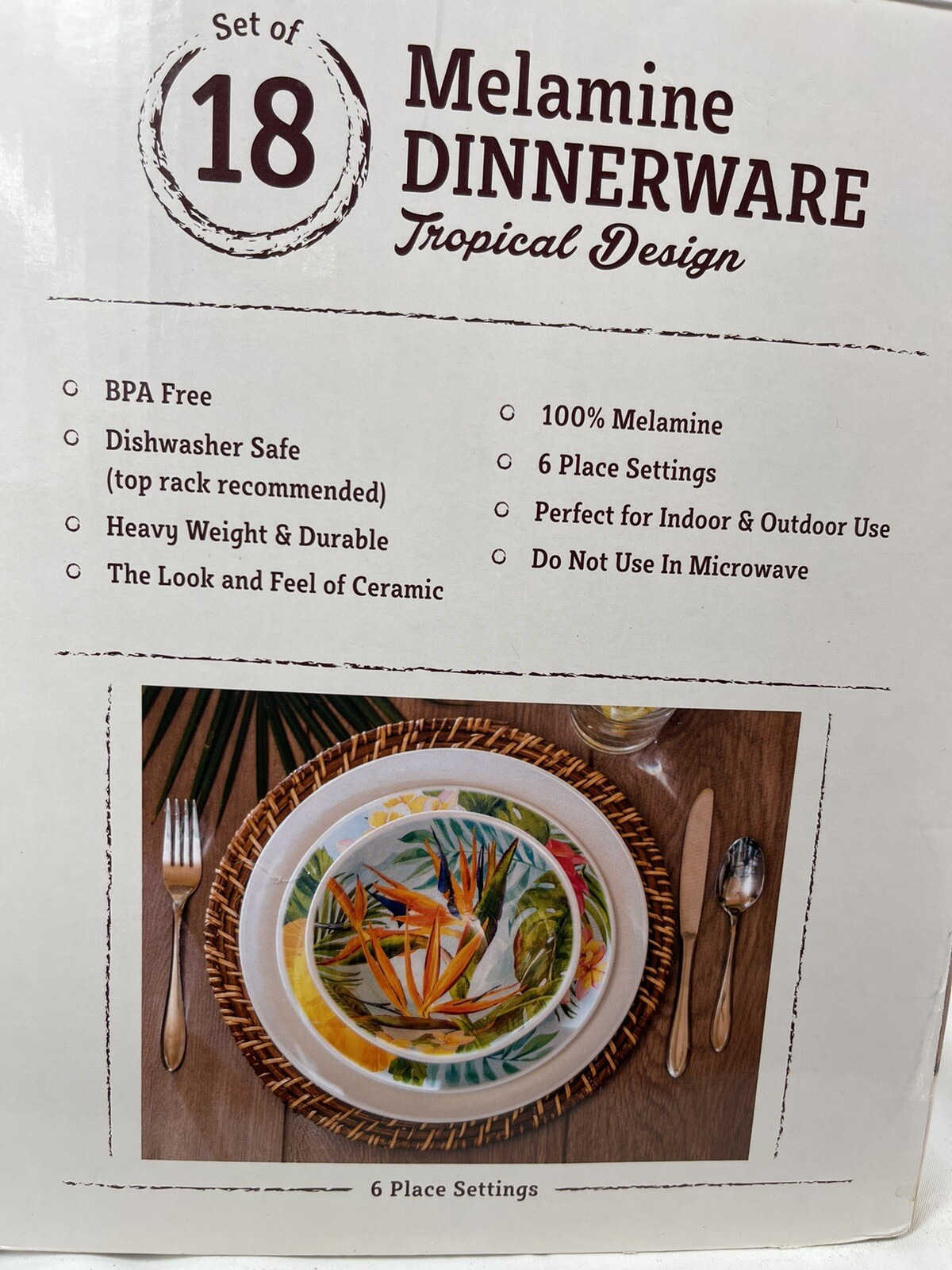 NIB Dinnerware Set 18-Pc. Melamine 10&rdquo; White, Tropical Designs On Salad & Bowls