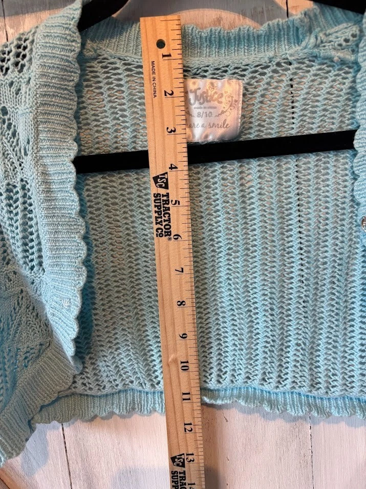JUSTICE Girls Cropped Summer Cardigan Crochet Top Shirt 8/10 Blue Short-Sleeve - Image 3 of 4