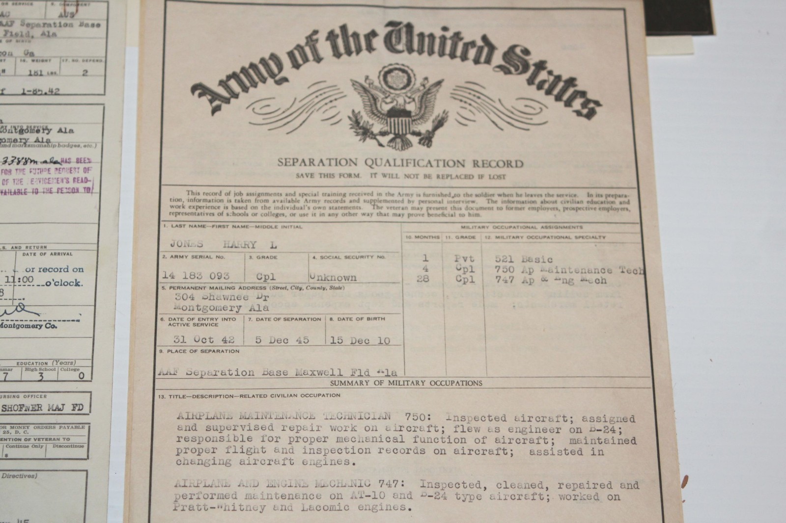 WWII Army Air Force Service Records, Honorable Discharge, Pics, Patch