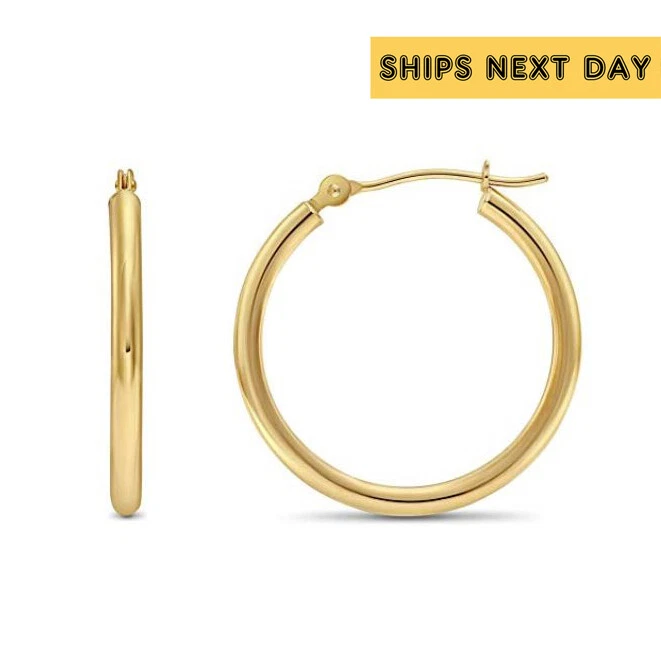 14K Real Solid Yellow Gold Shiny Polished Round Creole Hoop