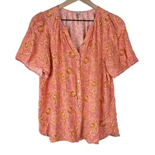 Esqualo Peach Pink Floral Printed Short Sleeve Button Front Top Size 8