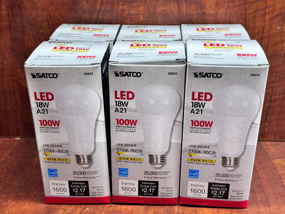 6 Pack Satco S8652 1600Lm 18W = 100W A21 Dimmable LED Warm White 90CRI Med E26 - Image 2 of 4
