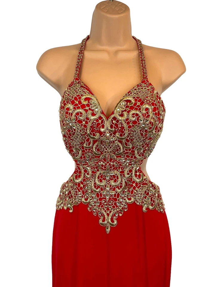 Jovani Red Gold & Crystal Embellished Prom /Cocktail Dress - Size 2 USA - Image 3 of 4