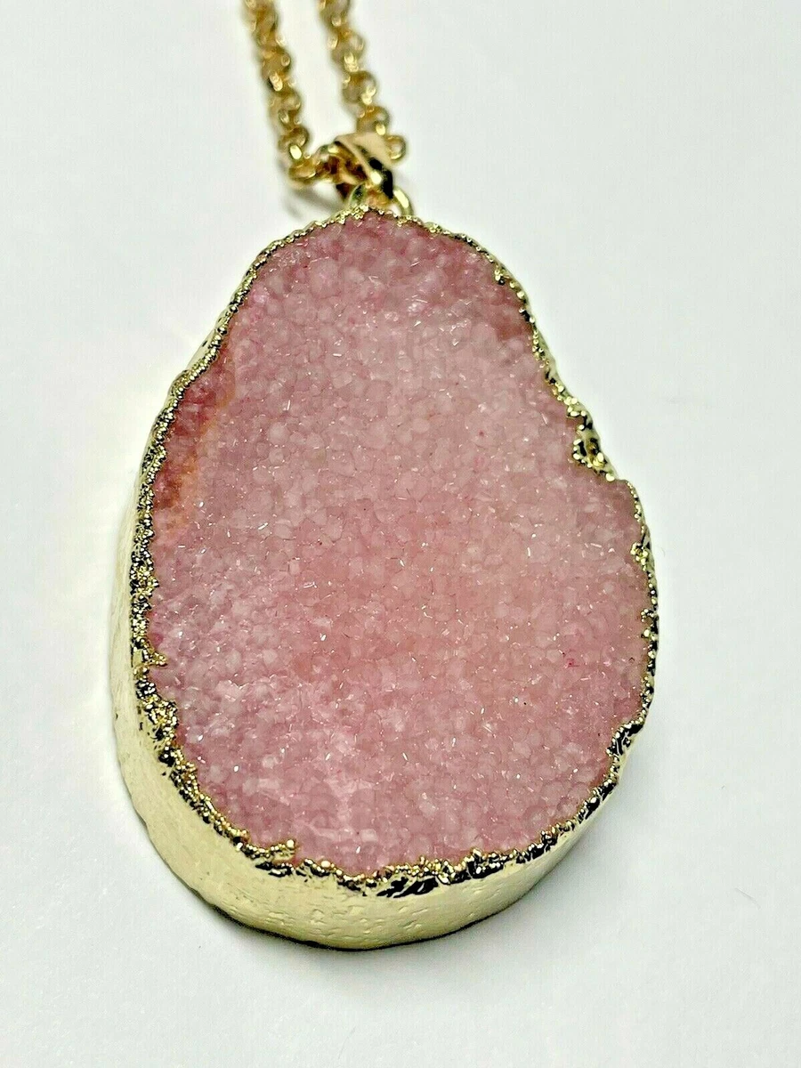 HTF Large Pink Druzy Pendant Necklace Gold Plated Dipped Setting Love Quartz