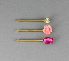Pink flower crystal Gold 3 bobby bobbi hair pins barrette set Fuchsia
