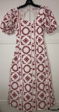 Mango MNG Embroidered Puffed Sleeves Dress Women's Size 2 Red / White Cotton