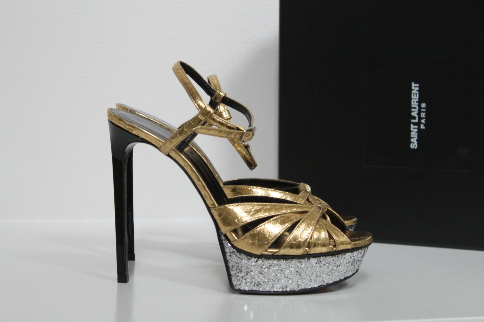 scarpe sandalo tg 10 40 5 YSL Yves Saint Laurent oro pelle glitter plateau