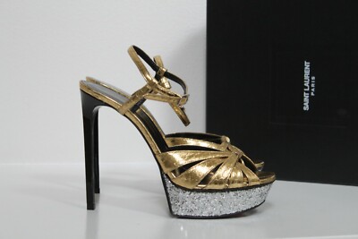 sz 10 / 40.5 YSL Yves Saint Laurent Gold Leather Glitter Platform Sandal Shoes