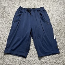 Adidas Navy Blue White Striped Medium Shorts Soccer Atheltic Cut Pockets