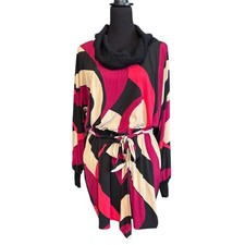 Cache Abstract Long Sleeve Cowl Neck Mini Dress, Black, Magenta & Tan, Large NWT