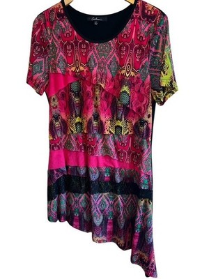 Calessa Boho Tunic Dress Large Asymmetrical Hem Colorful Tribal Print Mesh Lace