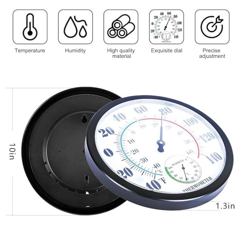 Indoor Outdoor Thermometer Hygrometer - Waterproof Hanging 10 Inch Black 10"