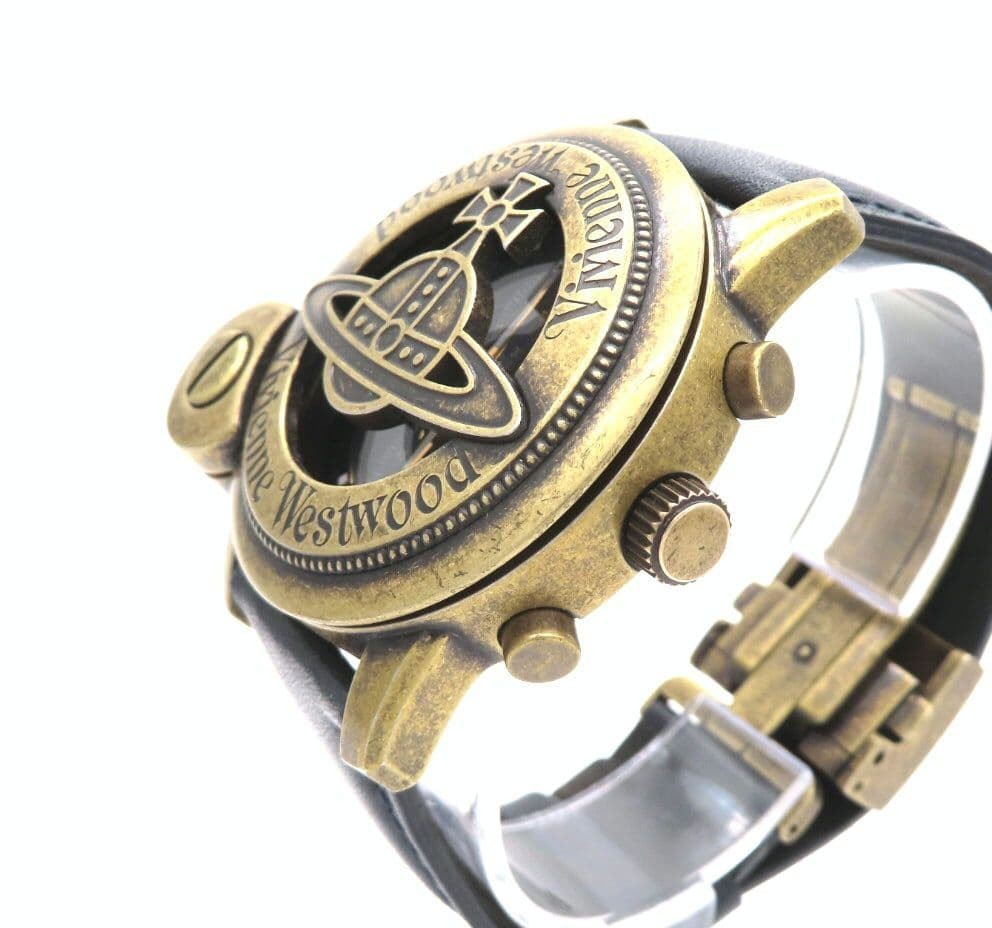Vivienne Westwood Cage Chronograph Watch Gold Case Men's Leather Strap Used image 5