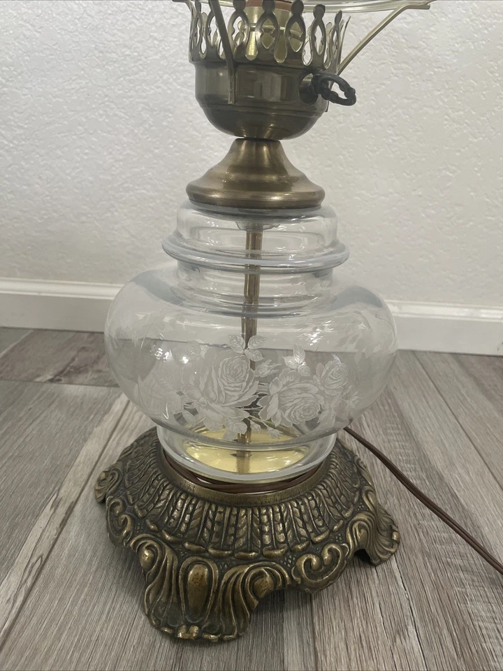 "Lámpara de vidrio transparente doble globo vintage Quoizel Hurricane GWTW flor grabada 21,5""" Foto 3 de 4