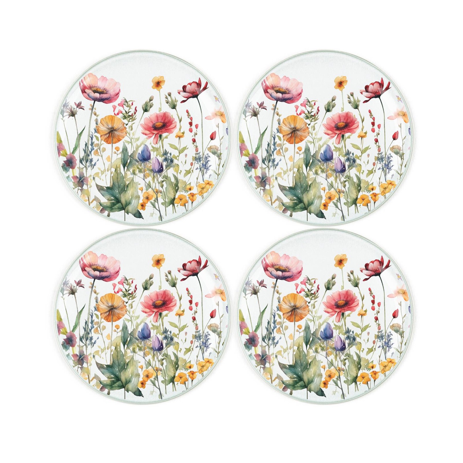 Wildflowers Coaster Set - Round Glass Floral Meadow Gift - Set of Four Coasters