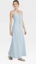 Universal Thread Light Wash Blue Denim Halter Backless Sleeveless Maxi Dress 00