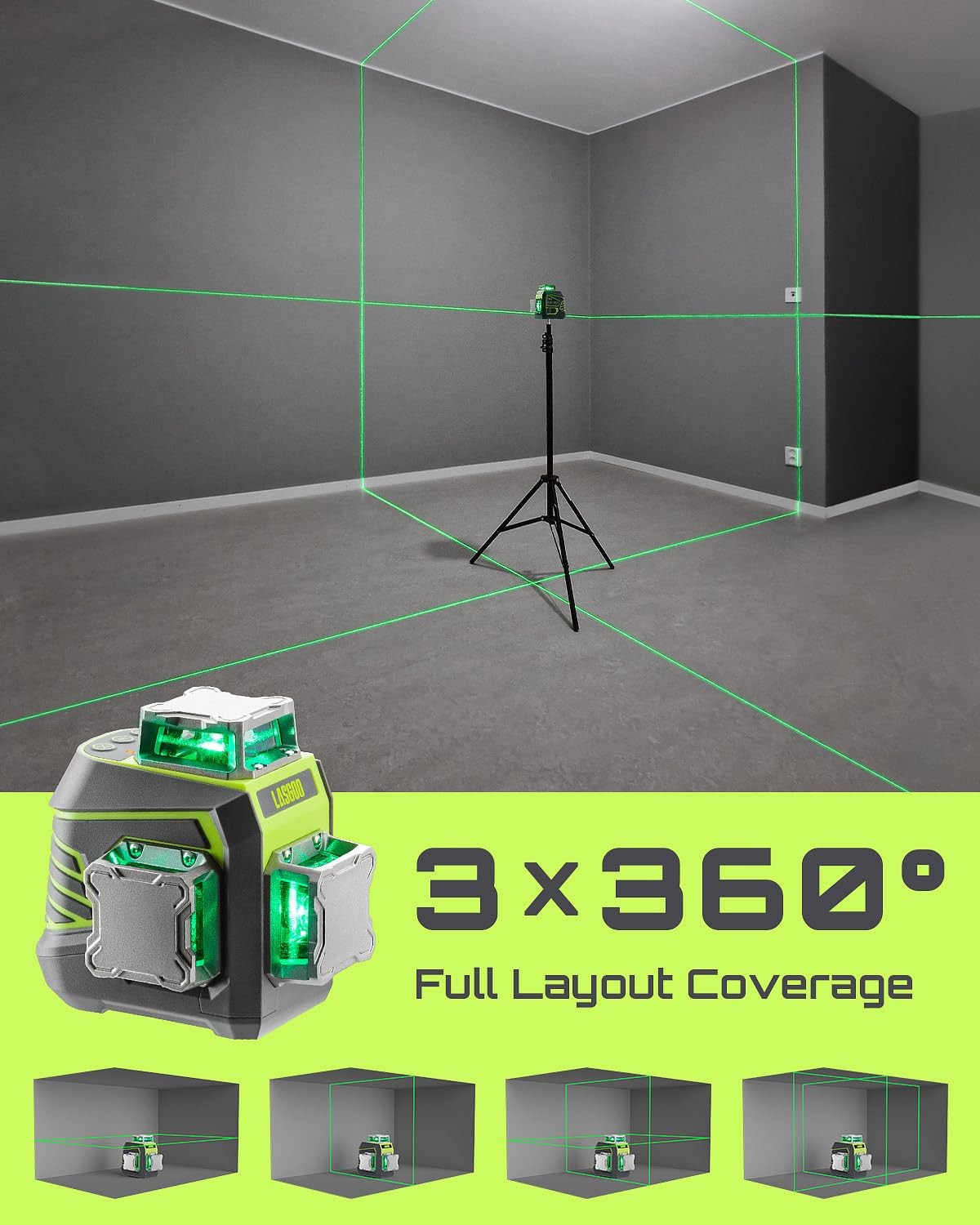 Laser Level 3x360° Self Leveling, 3D Green Cross Line Laser for Construction ...