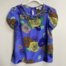 Anthropologie Tibi Violet Blue Floral Tulip Sleeve Silk Top Size 4