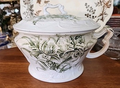 Antique Green Transferware Aesthetic Movement Iris Chamber Pot