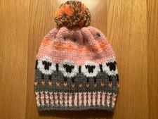 Hand Knitted Sheep Bobble Hat - Grey and Peach - Child/Young Teen