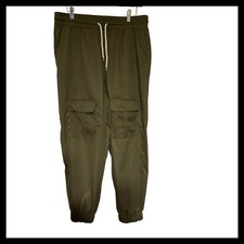 Mens Olive Green Casual Jogger Pants with Cargo Pockets and Drawstring Waist XXL