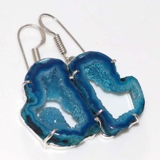 Blue Botswana Druzy Slice 925 Silver Plated Earrings 1.8