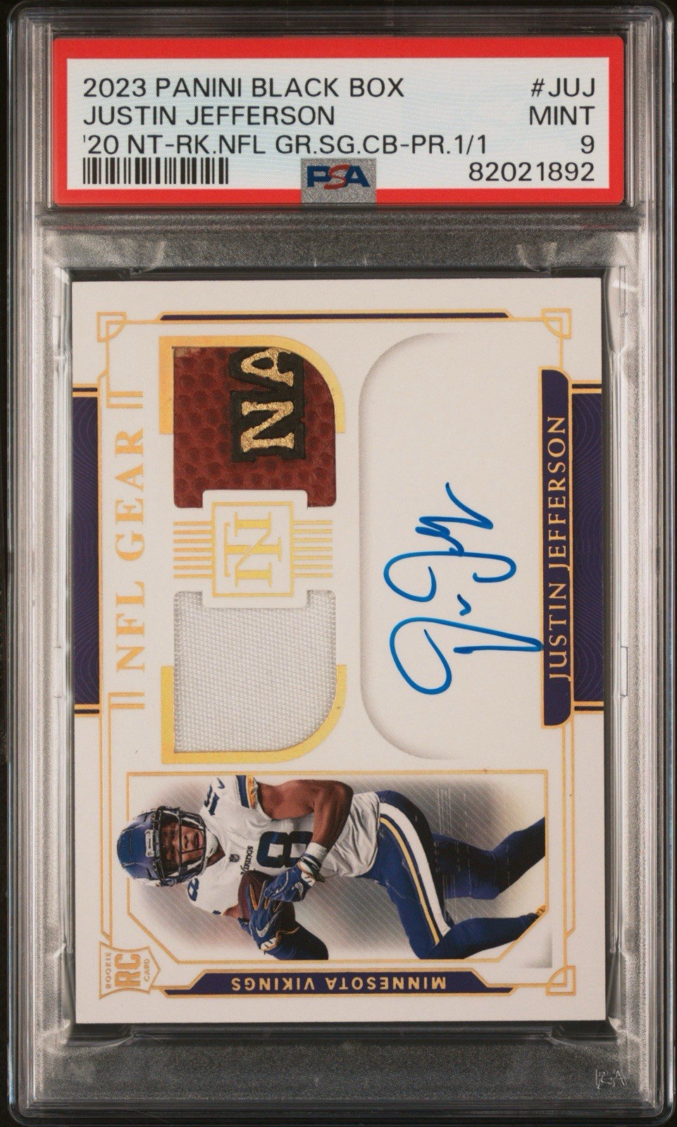Panini 2020 National Treasures Justin Jefferson Vikings RC Auto Patch PSA 9 1/1 view 4