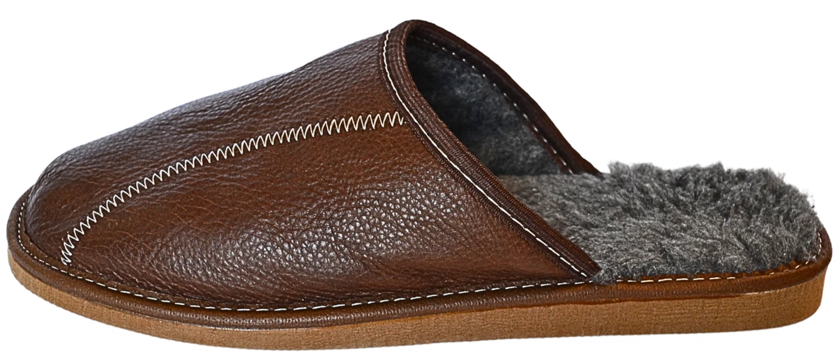 Herren Leder Hausschuhe Braun Schaffell Gefüttert Lammwolle Pantoffeln Gr.40-47
