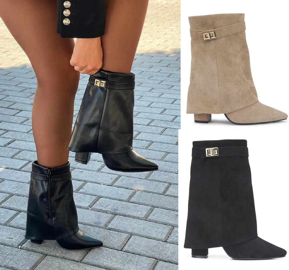 LADIES WOMEJS ANKEL FOLD OVER BUCKLE FASHION ZIP POINTED BLOCK HEEL BOOTS SIZE 3