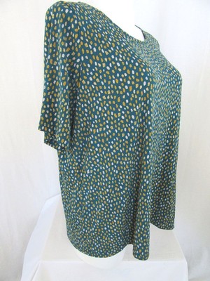 Susan Graver Size 5X Teal Dot Printed Liquid Knit Top with Elbow Sleeves