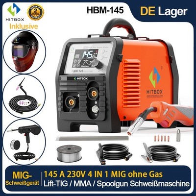 HITBOX 4in1 Schweißgerät 145A 220V MIG ohne Gas MMA w/ Lift-TIG-Brenner&Spoolgun
