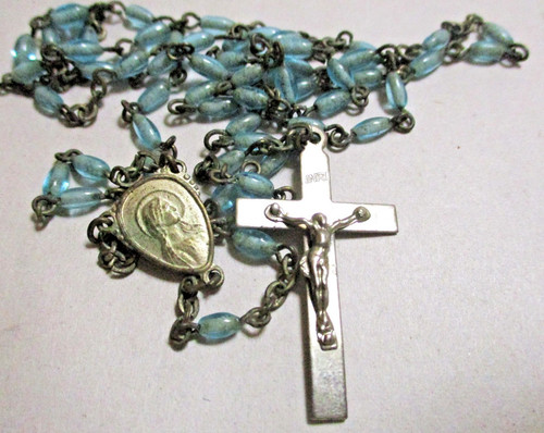 VINTAGE PRAYER ROSARY, PETITE LIGHT BLUE GLASS BEADS, SILVERTONE CRUCIFIX CROSS
