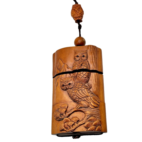 Hand-Carved Owl Inro Box Hard Wood Netsuke Ojime on Cord Signed - Picture 2 of 14