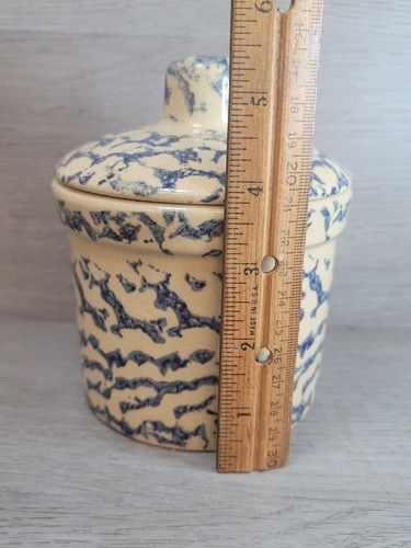 Robinson Ransbottom Co. RRP Blue Sponge Ware 1 pt. Low Crock Roseville OH W/ Lid - Picture 5 of 6