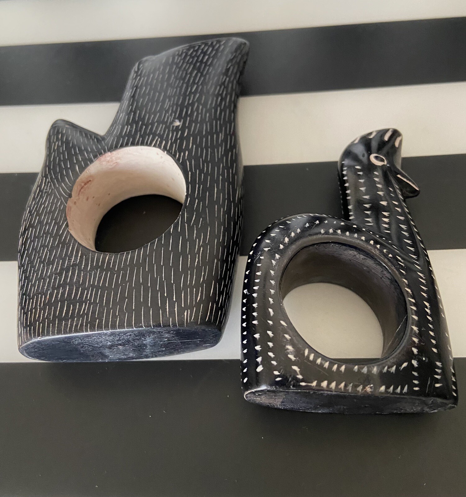 Vintage NEIMAN MARCUS Pair Carved Black/ White Llama Stone Napkin Ring Holders.