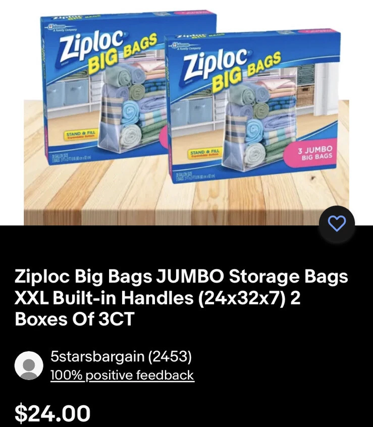 Ziploc Big Bags JUMBO Storage Bags XXL Built-in Handles (24x32x7) 2 Boxes  Of 3CT