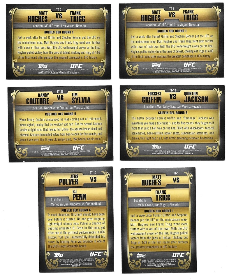 Lot: 6 2011 Topps UFC Title Shot Top 10 Title Fights Couture Hughes Trigg Pulver - Image 2 of 2