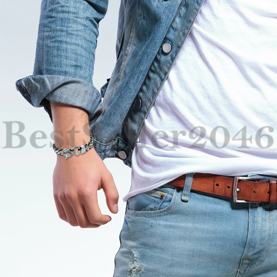 Pulseira de corrente masculina de couro de aço inoxidável para motociclista punk cabeça de lobo - Imagem 4 de 4