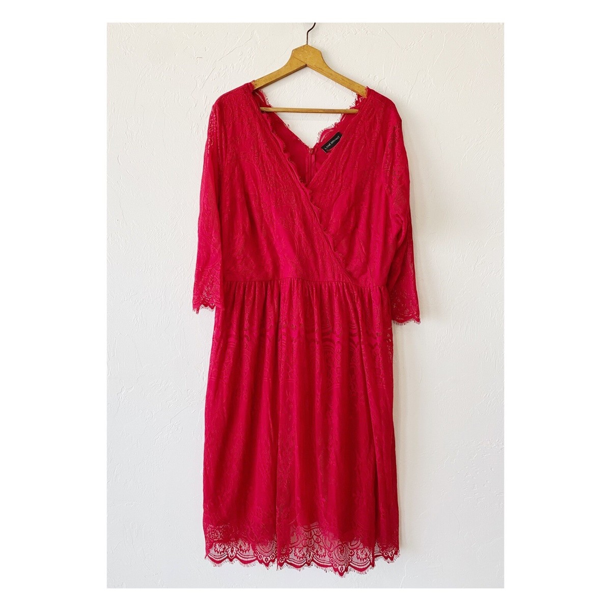 Lane Bryant 18 Red Lace Surplice Sheath Dress 3/4 Sleeves Plus V-Neck  Elegant