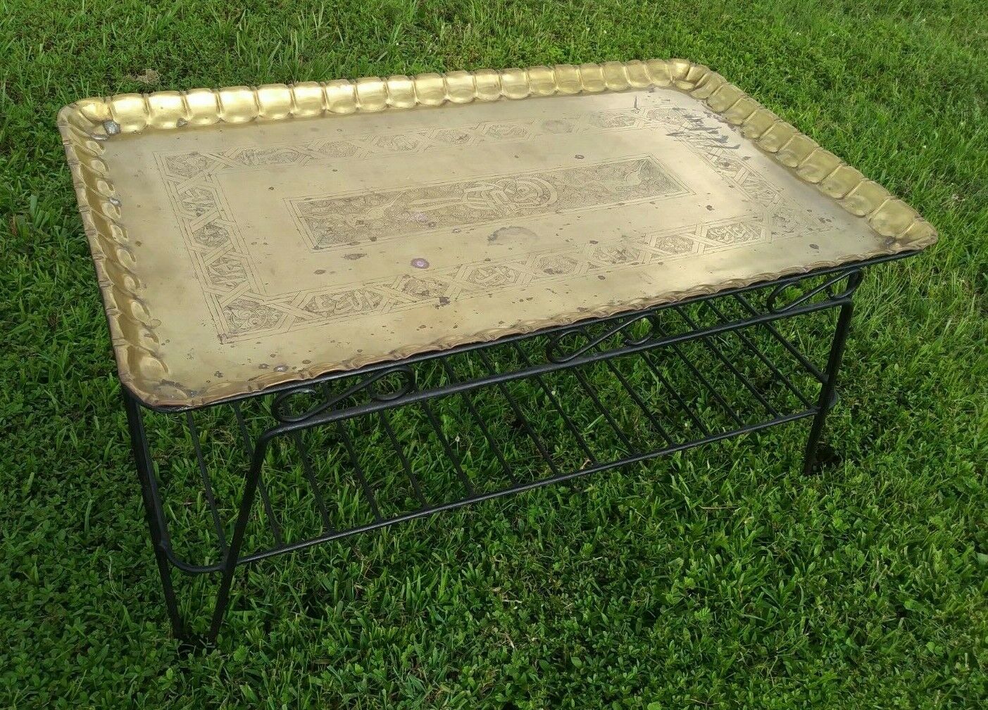 Large 38" X 22" Mid Century Moroccan Brass Tray Wrought Iron Base Coffee Table