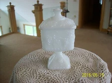 Opaque Milk Glass Vintage Pedestal Covered Compote Candy Dish Grape Leaf Pattern
