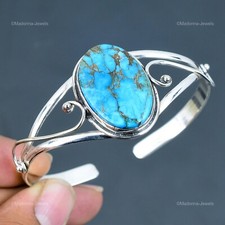 Oval Natural Tibetan Turquoise 925 Sterling Silver Bezel Art Deco Bangle Jewelry