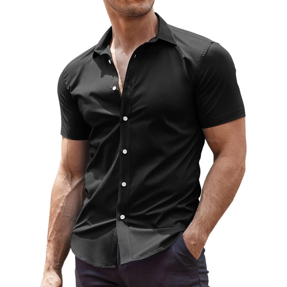 mens slim fit short sleeve dress shirts products for sale | eBay
