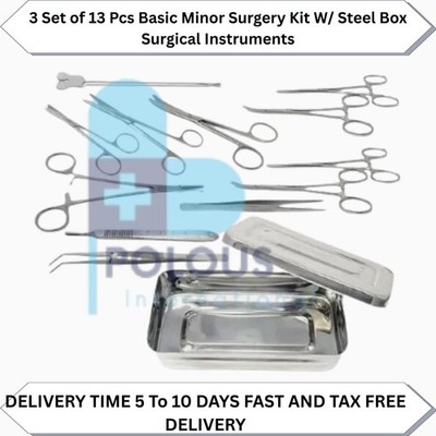 3 Set of 13 Pcs Basic Minor Surgery Kit W/ Steel Box Surgical Instruments
