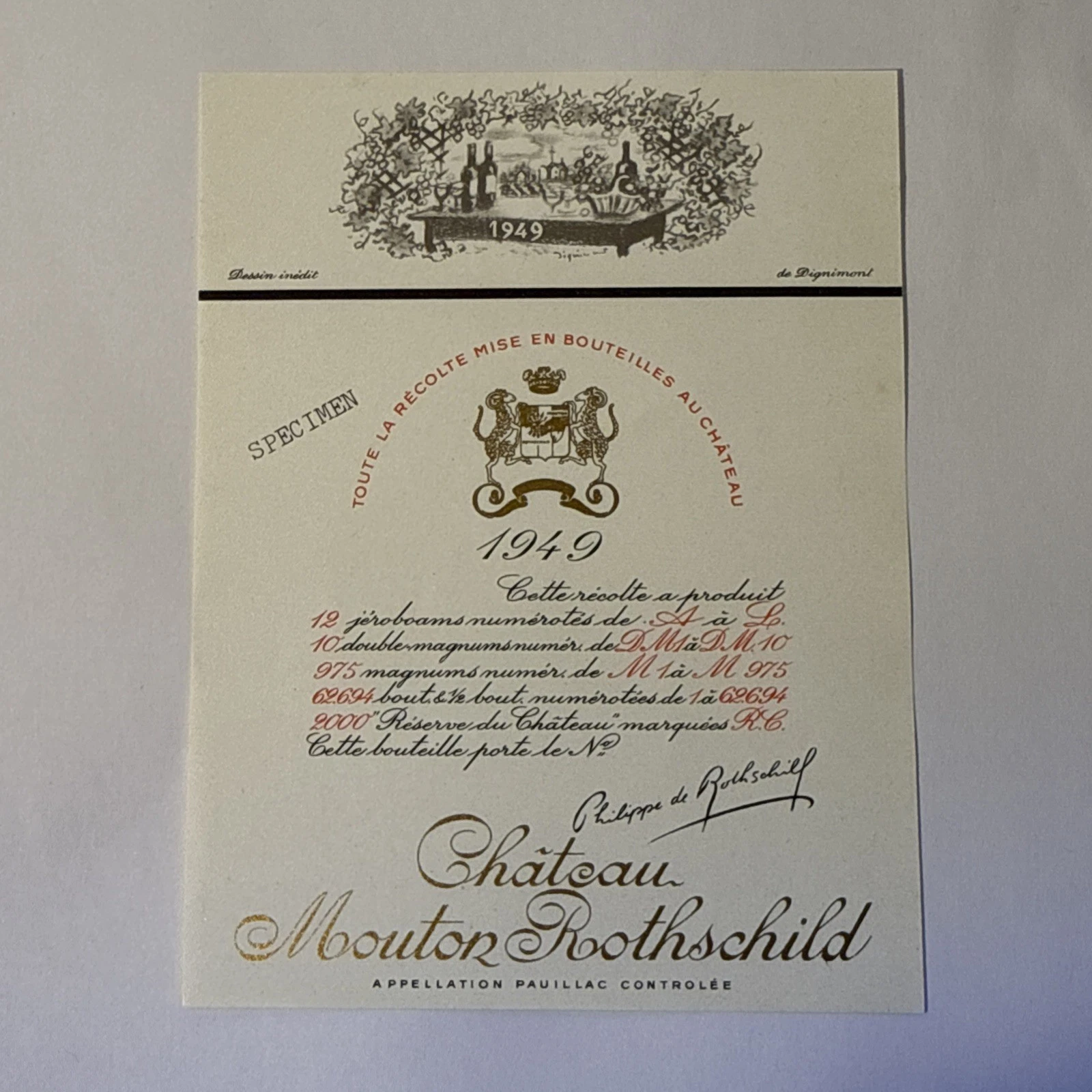 Étiquette De Vin Château Mouton Rotschild Spécimen 1949