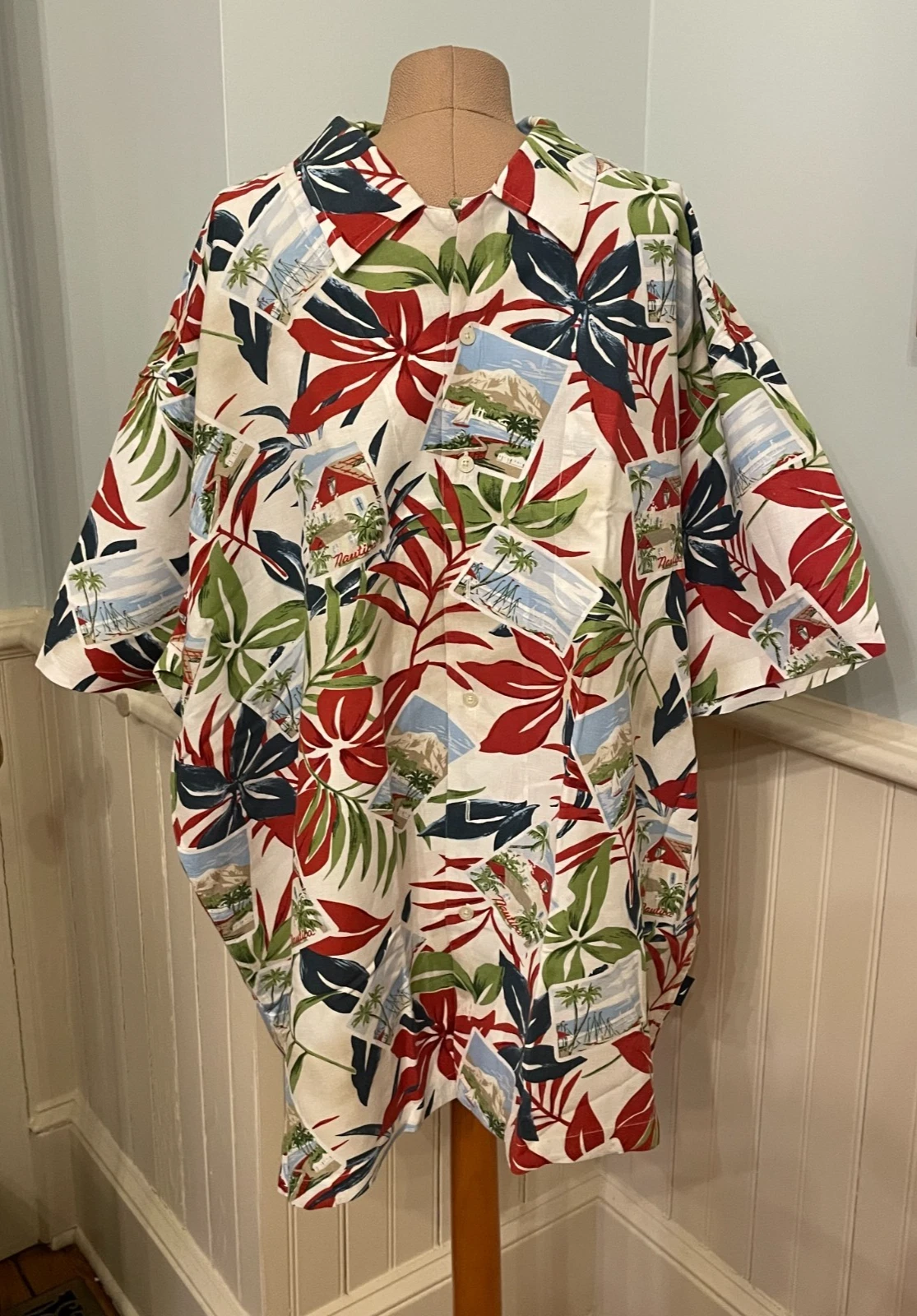 Nautica Hawaiian Beach Shirt Mens XL Floral Linen/Rayon Short Sleeve Button Down